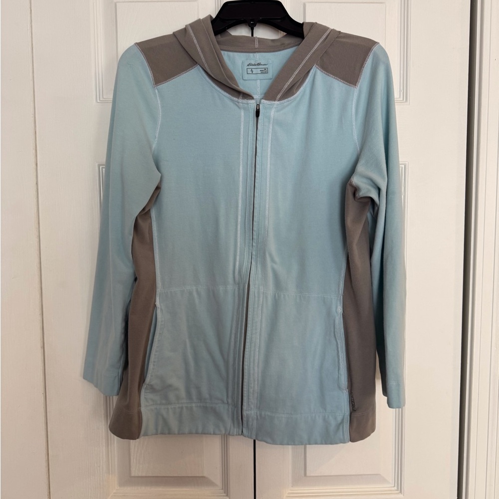 Eddie Bauer zippered hoodie, longer length. Size Petite large.